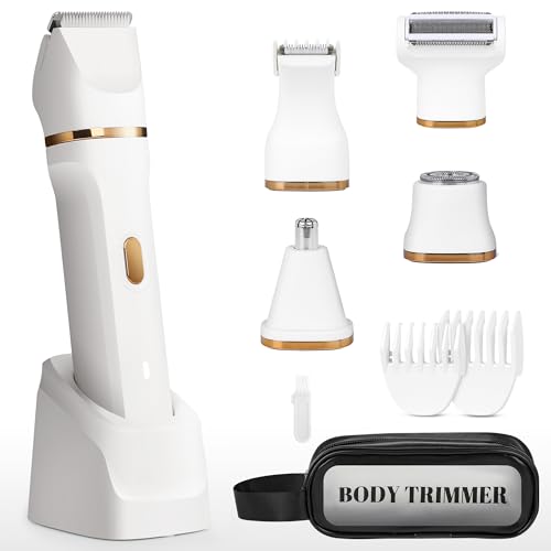 Electric Bikini Trimmer for Women - 5 in 1 Rechargeable Electric Razors for Women, IPX7 Waterproof Pubic Hair Trimmer, Painless Womens Body Shaver, Facial Razor & Nose Hair Shaver, White