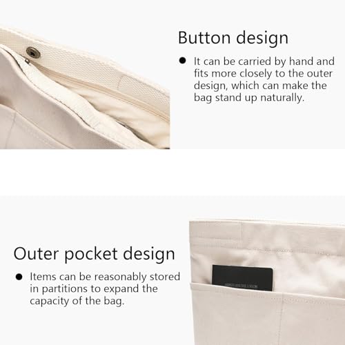 Lined Cosmetic Bag Canvas Makeup Bag Tote Bag Organizer Insert Handheld Storage Bag with Buttons Lightweight Large Capacity Inner Pack