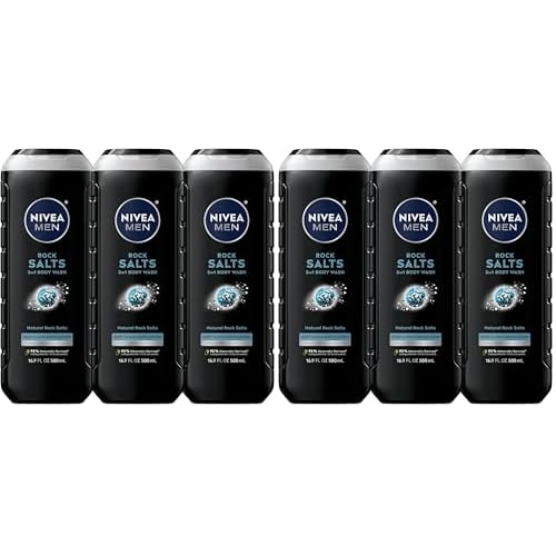 NIVEA MEN Deep Clean Rock Salts Body Wash with Scrub Particles and Natural Rock Salt,Exfoliating Body Wash for Men,Cleanses Without Drying Skin,16.9 Fl Oz Bottle,(Pack of 6)