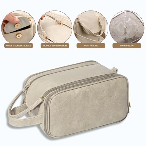 Travel Toiletry Bag for Women Men, Large Travel Toiletry Organizer Makeup Bag, Hanging Cosmetic Bag dopp kit Leather skin care Waterproof Shaving Bag for Toiletries Accessories (beige)