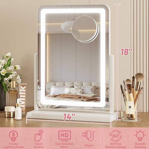 Suidia Vanity Mirror with Lights, 18"¡¿14" LED Makeup Mirror with Light, Smart Touch with 3-Color Lighting, 360¡ÆRatation for Vanity Desk Tabletop,White,Lamp Belt Style
