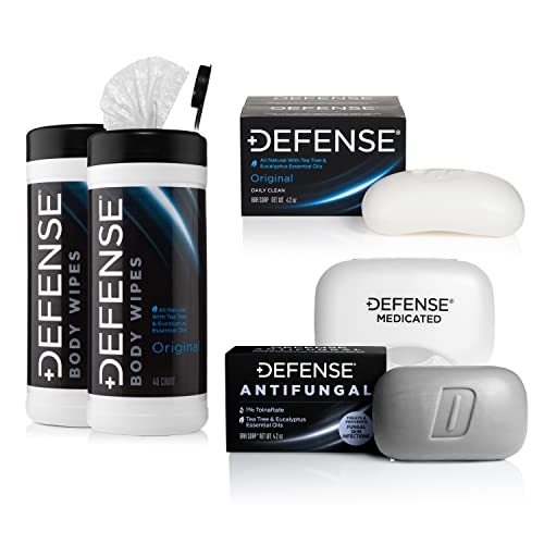 Defense Soap Antifungal Medicated Bar Soap, 4 Oz Bar (Pack of 2) - 100% Natural Tea Tree Oil, & Tea Tree Body Wipes (40 Count) 2 Pack