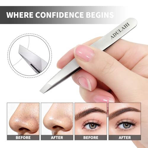 Professional Slant Tweezers for Eyebrows & Facial Hair - Precise Aligned Stainless Steel Remover with Storage Case