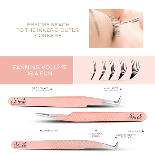 SIVOTE Lash Tweezers for Eyelash Extensions, Pack of 5 Peach ? Lash Extension Tweezers Set with Diamond Grip, Precision Fiber Tip for Volume Eyelash Extensions