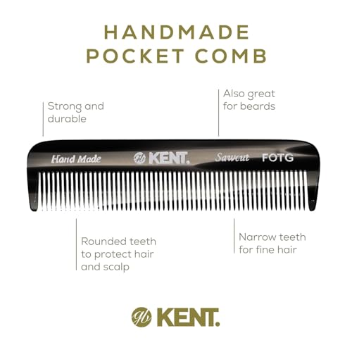 Kent FOT Black Graphite Fine Tooth Comb for Men - Handmade Pocket Comb for Travel, Styling, Fine or Thinning Hair, Mustache and Beard Care Handpolished Saw-Cut Made in England