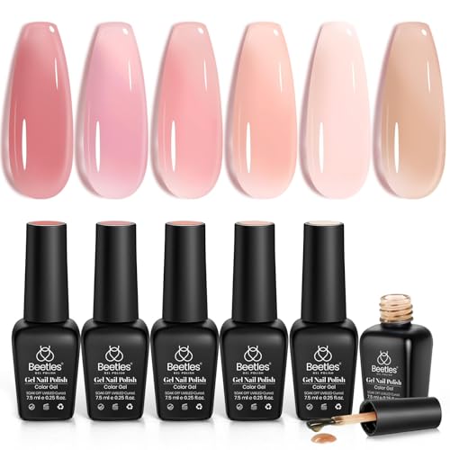 Beetles Jelly Gel Nail Polish Set, 6 Colors Jelly Gel Polish Kit Nude Pink Neutral Nail Art Design Sheer Translucent Gel Nail Kits Soak Off Uv Nail Lamp Cured Nail Manicure Gift for Women