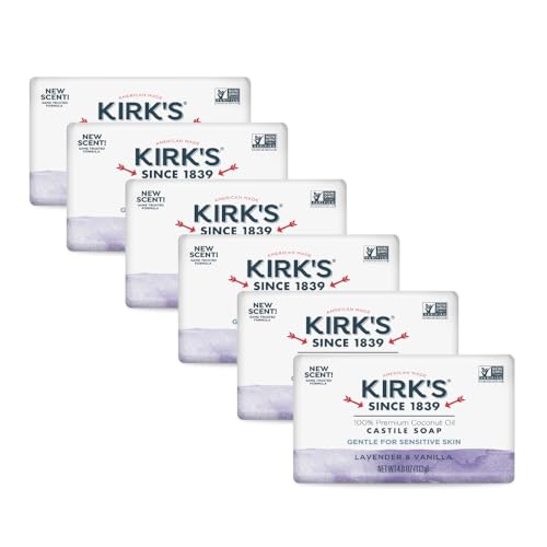 Kirk's Castile Bar Soap for Men, Women & Children - Made with Premium Coconut Oil, Sensitive Skin Formula, Vegan, Non GMO, Lavender & Vanilla, 4 oz. Bars 6 Pack
