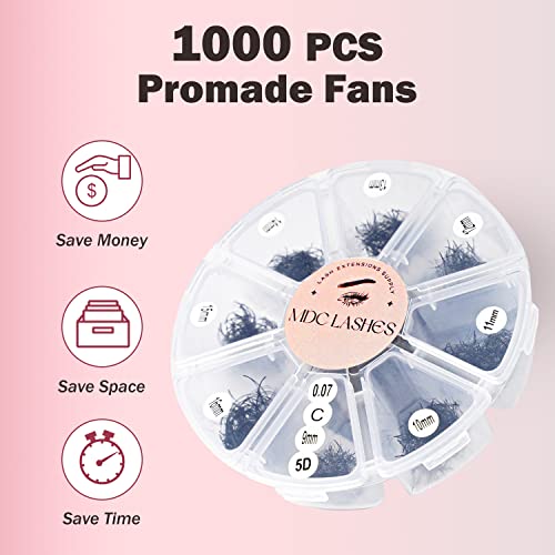 Promade Eyelash Fans Mix Length 1000 Fans Volume Lash Extensions 8D-16D, C D Curl, 9-16mm Length, 0.05-0.07 Short Stem Promade Premade Pre Pro Loose Fans Eyelash Extension, Easy Application