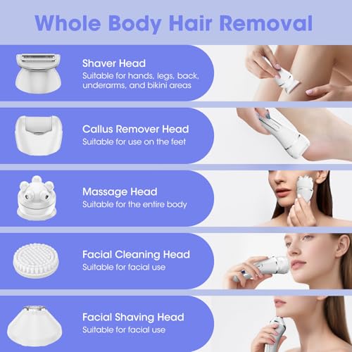 Epilator for Women, 7 in 1 Epilator Hair Removal for Women, Shaver, Bikini, Face Razor, Facial Brush, Face Massage and Body Exfoliator, Waterproof Painless Lady Shaver (White 227)