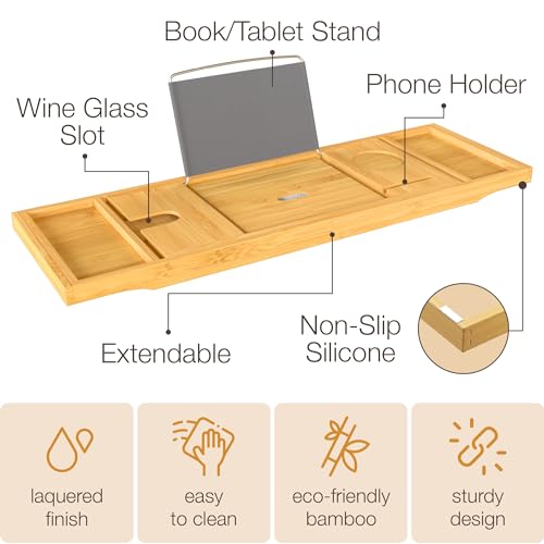 Wooden Bathtub Tray - Foldable Expandable Bamboo Bath Tray for Tub with Wine Holder, Book & Tablet Stand - Bath Caddy for Bathtub, Spa Bath Accessories for Women, Tub Tray Table, Gift for Her or Him
