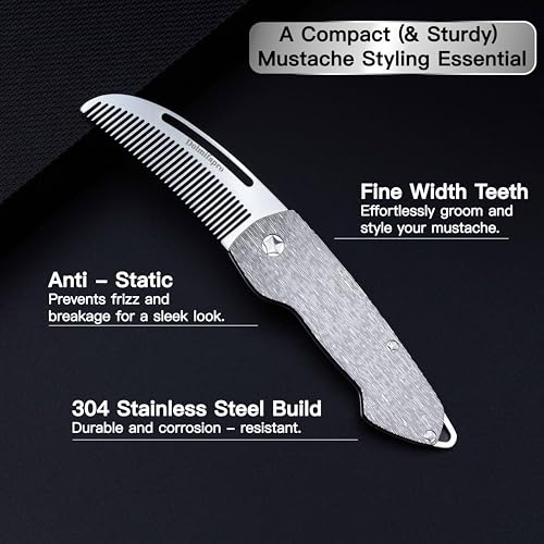 Small Folding Mustache Comb, Metal Beard Comb for men Pocket Mini Portable Fits In Keychain Anti-Static (Wood Grain)