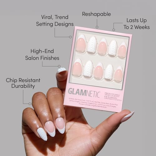 Glamnetic Press On Nails - Sweater Weather | Short Almond Fake Nails with White Glitter French Tips & 3D Designs in a Glossy Finish, Salon Quality Winter Nails | 15 Sizes - 30 Nail Kit with Glue