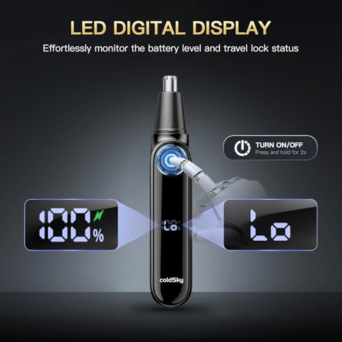coldSky Ear & Nose Hair Trimmer with LED Display for Men Women - Professional Painless Eyebrow & Facial & Nose Hair Trimmer, USB Rechargeable, Dual-Edge Blades for Smoother Cutting Black