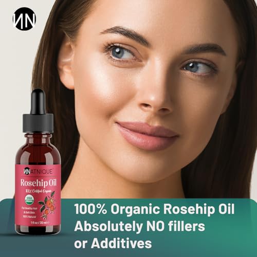 Natnique Organic Rosehip Seed Oil, 1 oz ? USDA Certified Cold-Pressed Moisturizer for Face, Skin & Hair ? Natural Hydrating Serum for Wrinkles & Fine Lines ? Ideal for Gua Sha Massage & Radiant Glow