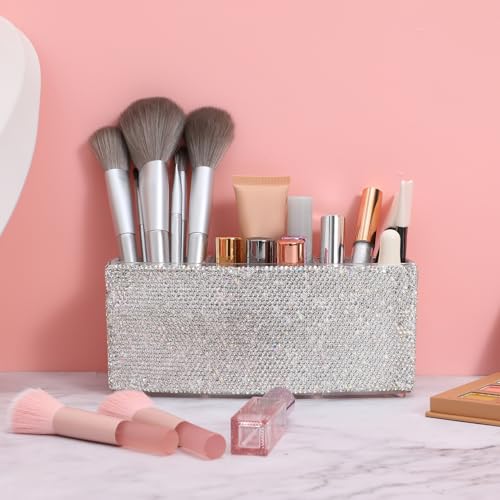 TEHAUX Bling Makeup Organizer for Vanity with 3 Compartments Rectangular Cosmetic Storage Box for Desk Makeup Brushes Lipsticks - Elegant Rhinestone Design 2.87 X 7.28 X 2.87 Inches