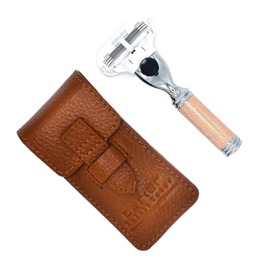 Parker Women¡¯s Travel Razor ? Compatible with Gillette¢ç Venus¢ç Cartridges ? Compact 3?Blade Razor with Rose?Gold Chrome Brass Handle & Buffalo Leather Travel Case