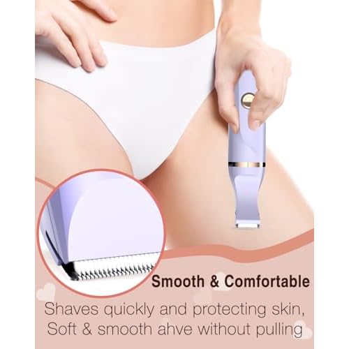 Bikini Trimmer for Women,Painless Electric Razor for Pubic Hair,Rechargeable Body Hair Trimmer,Electric Shaver Removal with Snap-in Ceramic Blades IP7X Washable Head,Wet and Dry Use, Light Purple