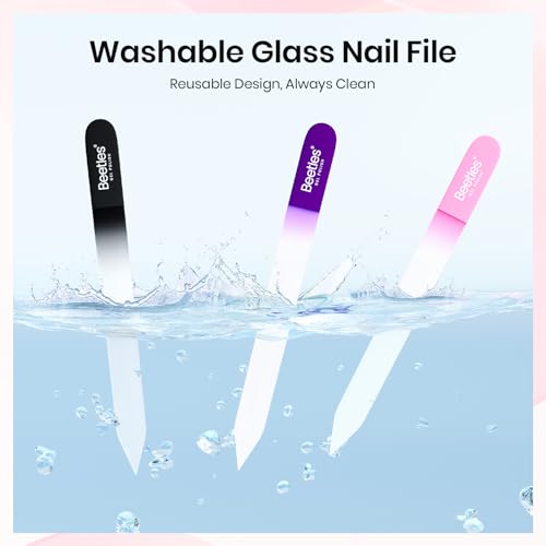 Beetles Glass Nail File for Natural Nails 3 Pack ? Double-Sided Crystal Nail Files with Case Etched Gentle Nails Care for Shaping & Polishing Manicure, Washable Reusable Glass Fingernail Files