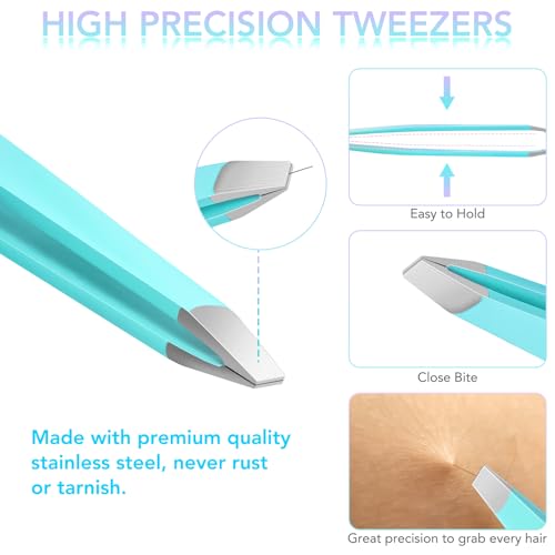 Tweezers Set and Nail Clippers 8Pcs Precision No Gaps Eyebrow Tweezer Kit for Facial Hair Men & Women Travel Tweezers with Leather Case (Violet/Cyan)