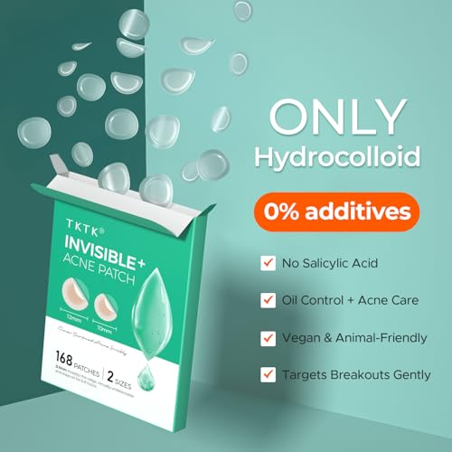 TKTK Pimple Patches for Face, 0.01cm Ultra-Thin Invisible Acne Patches, Hydrocolloid Patches for Breakouts, Absorbs Zits & Blemish, Suitable Under Makeup, 2 Sizes(10mm/12mm) 168 count