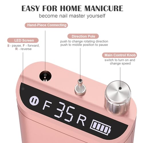 Kredioo Nail Drill, Nail Drills for Professional Acrylic Nails 35000RPM Electric File Machine Rechargeable Portable with 10 Bits Remove Gel Polish Salon Quality Manicure-Gold