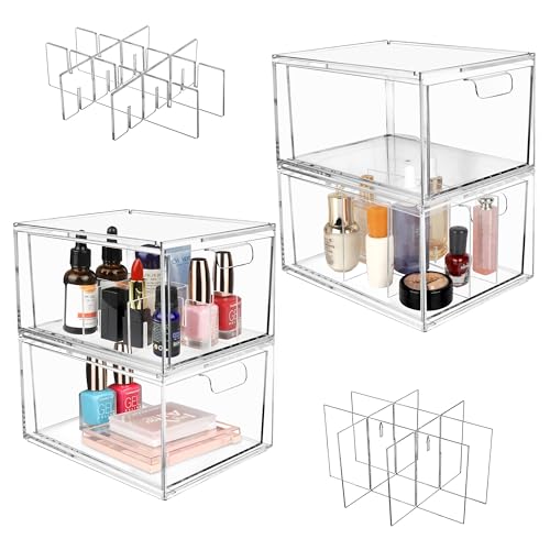 Yes!Fresh Drawer Organizer Stackable Cosmetic Desk Organizer with Removable Interior Partitions for Vanity Organization and Storage,Clear Bathroom Organizer (4)