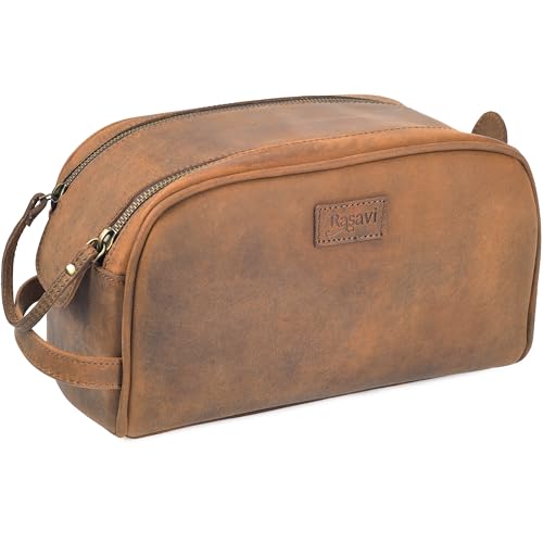 Rasavi Genuine Leather Travel Toiletry Bag, Handcrafted Vintage Water-Resistance Dopp Kit, Large Shaving & Bathroom Organizer - Gift for Men & Women - Distressed Brown
