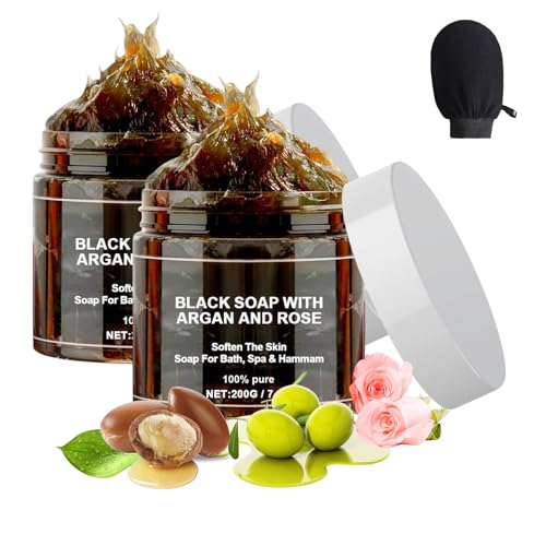 Morocco Black Soap with Argan and Rose, 200g Black Soap Bar Exfoliating Soaps, Moroccos Body Scrub with Exfoliating Glove (2)
