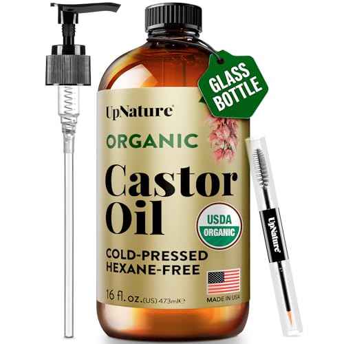 UpNature Organic Castor Oil in Glass Bottle (16 oz) 100% Pure Cold Pressed Unrefined Castor Oil for Hair Skin Face (Hexane Free)