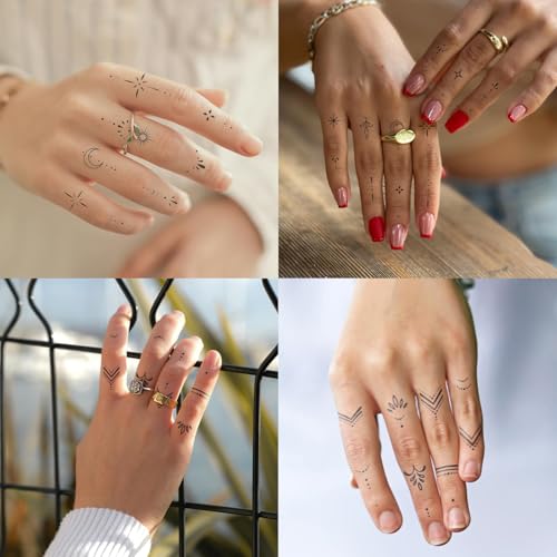 4 Sheets Minimalist Finger Ring Tattoos for Women ? Tiny Sparkle, Moon & Star Designs, Elegant Line Art, Semi-Permanent Real-Looking Tattoos for Hands