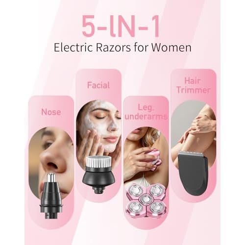 Electric Razors for Women, 5-in-1 Multi-Function Womens Razor with LED Display, Rechargeable Waterproof Electric Shaver, Ideal Travel Trimmer Body Hair Remover for Legs, Face, Armpits &Bikini (Pink)