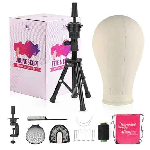 23 Inch Wig Head,Wig Stand Tripod with Head,Canvas Wig Head Stand with Mannequin Head for Wigs,Manikin Head Block Set for Wigs Making Display with Wig caps,T Pins Set,Bristle Brush