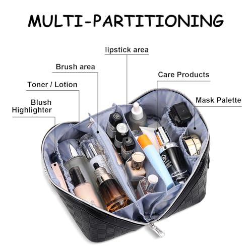 BOYATU Travel Makeup Bag Organizer Cosmetic Bag: 3 Pcs Set Large Capacity Make up Bag with Compartments - Waterproof Leather Toiletry Bags with Handle Travel Essentials Case Gifts for Women (01-Black)