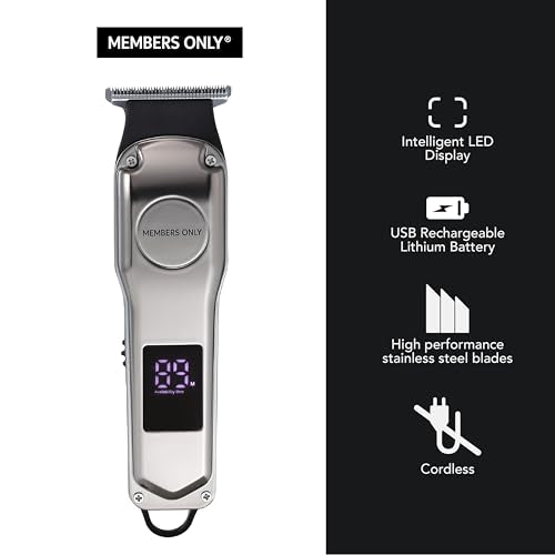 Members Only Hair Clipper, Men¡¯s Lithium Cordless T-Blade, Stainless Steel Blades, USB Rechargeable, LED Display, 5 Comb Guides, Precision Kit for Hair Cutting and Grooming