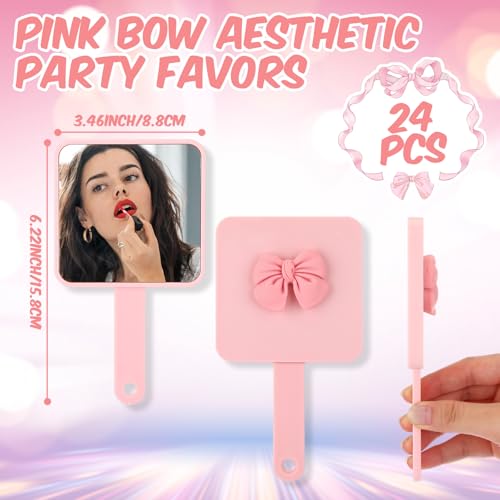Amyhill 24pcs Coquette Pink Bow Party Favor, Handheld Mirror Bulk for Women Birthday Bridal Shower Graduation, Pocket Small Mini Hand Held Extendable Mirrors for Bag