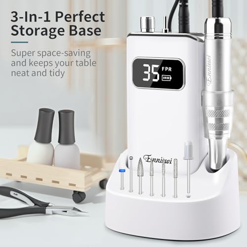 Electric Nail Drill File, Professional Portable Nails Drills Kit with Rechargeable Base 7 u?as Bits, Cordless Efile for Poly Gel Acrylic Nails Remover Home Salon Pedicure Manicure Tool, White