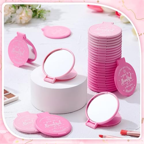 100 Pcs 2.76 Inch Inspirational Compact Mirror Bulk Women Small Gifts Graduation Party Favors Purse Mirror Pocket Mini Stuffer Items for Adult Coworker Cheerleader Employee (Pink Series)