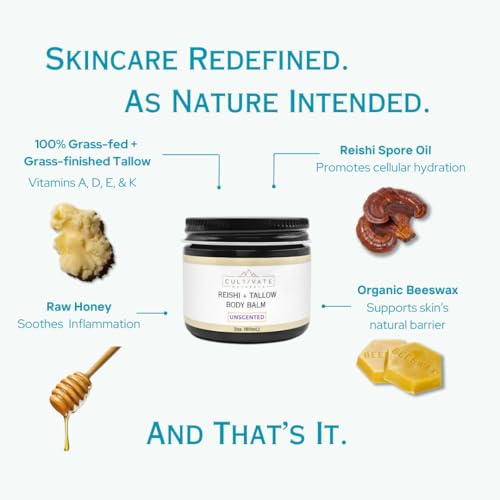 Reishi Tallow Body Balm - Unscented (2 oz) | Grass Fed Beef Tallow - Non-toxic, Paleo Friendly Skincare | Infused with Reishi Spore Extract | Moisturizing & Hydrating for Sensitive Skin