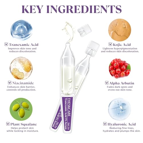 5% Tranexamic Acid Serum Ampoule for Face with Niacinamide,Kojic Acid & Alpha Arbutin,Skin Glowing Serum for Dark Spots,Even Out Skin Tone,30 Ampoules