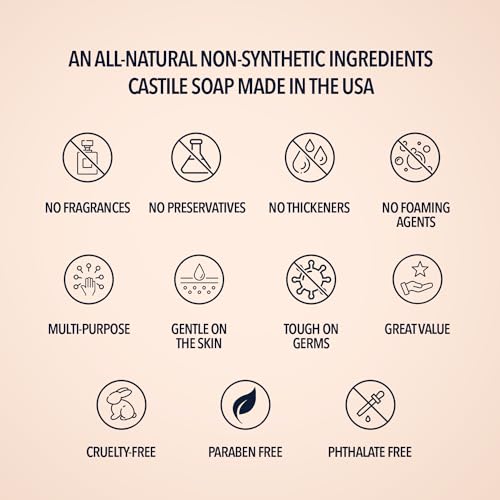 Pure Castile Liquid Soap, UNSCENTED, 1 Gallon - Multipurpose: Hands, Face, Body, Laundry, Dishes & More - For Sensitive Skin, All-Natural Ingredients, Fragrance Free