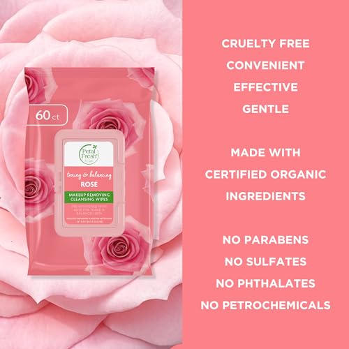 Petal Fresh Pure Brightening Rose Makeup Removing, Cleansing Towelettes, Gentle Face Wipes, Daily Cleansing, Vegan and Cruelty Free, 60 count