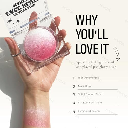 KYDA Pink Baked Blush, Pink Glow Powder for Blush and Highlighter, High Glossy Finish, Lightweight Blendable Shimmer Blusher, Multiuse Baked Powder, 0.53 oz