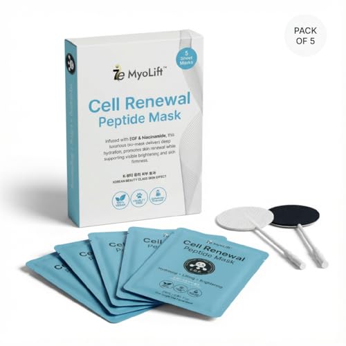 MYOLIFT Cell Renewal Peptide Mask(EGF)? 100%Vegan, Bio-Cellulose FaceMask for CellRenewal, Skin Firming, Hydrating & Brightening-with Niacinamide, Hyaluronic Acid& EGF|Korean Skincare Sheet Mask?Pack5