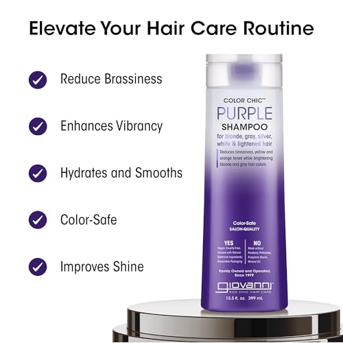 Giovanni Color Chic Purple Shampoo for Blonde, Gray, Silver, White, & Bleached Hair - Reduces Brass, Yellow, & Orange Tones, Adds Shine, Vegan, Cruelty Free, Lauryl & Laureth Sulfate Free - 13.5 fl oz