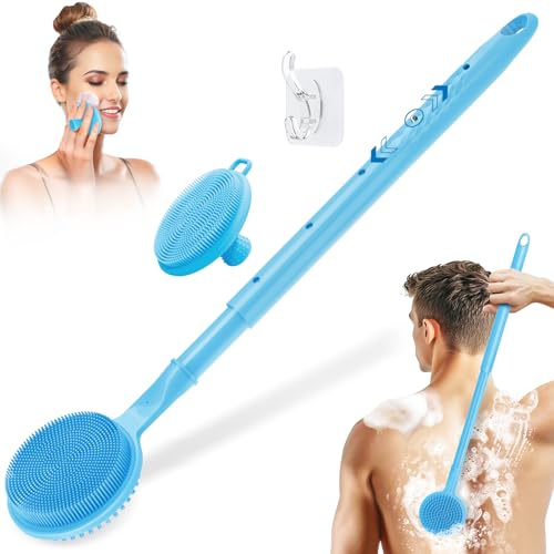 Adjustable Silicone Back & Face Scrubber Set, 16''-24'' Extendable Shower Back Scrubber with Dual-Side Head and Lathering Bristles, Manual Face Scrubber with Soft Bristles Non-Slip Handle(Blue)