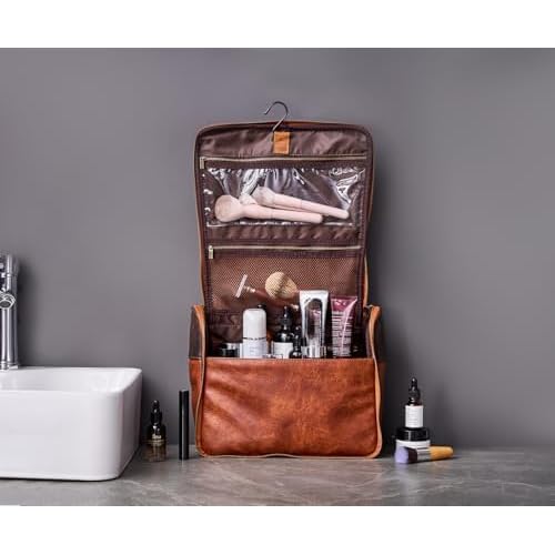 EURYNOME Hanging Toiletry Bag for Women and Men, Large PU Leather Toiletries Organizer, Water-resistant Bathroom Shaving Kit for Cosmetics, Makeup Case