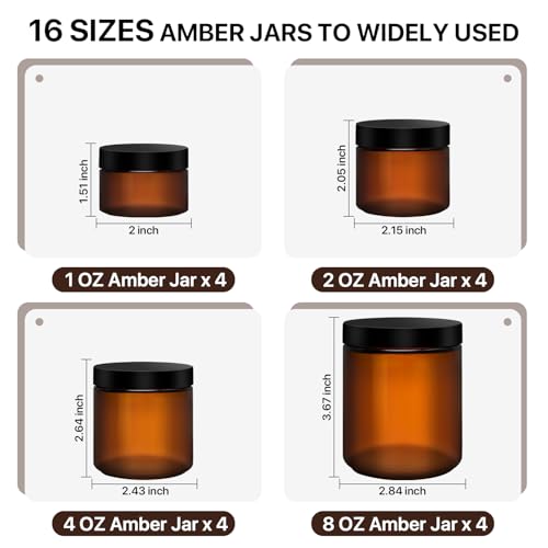 Amber Glass Jars with Lids, 8oz 4oz 2oz 1oz Glass Cosmetic Jars with Inner Liners, Labels & Spatulas, Reusable Lotion Containers for Creams, Body Butter, Scrubs, DIY Cosmetics ? 16 Pack