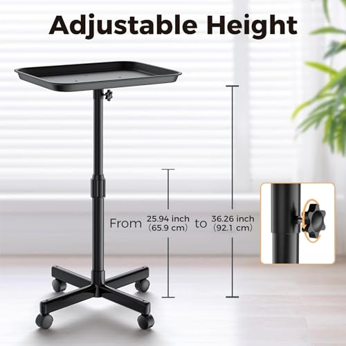 Back-Saving Salon Tray on Wheels, Adjustable Height (25-36inch) Rolling Cart for Hair Stylists, Tattoo Artists, Lash Techs?Spa Clinic Home Salon Trolley (36inch-Black, 12.3¡¿16inch)
