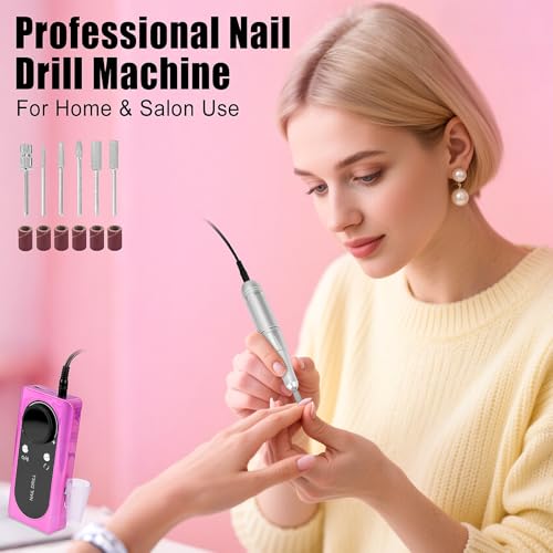 HZXINGWANG Professional 45000 RPM Portable Nail Drill & Electric Nail File for Acrylic Nails, Gel Polish Removal ? Rechargeable with 6 Drill Bits Kit for Home & Salon Use (Purple)