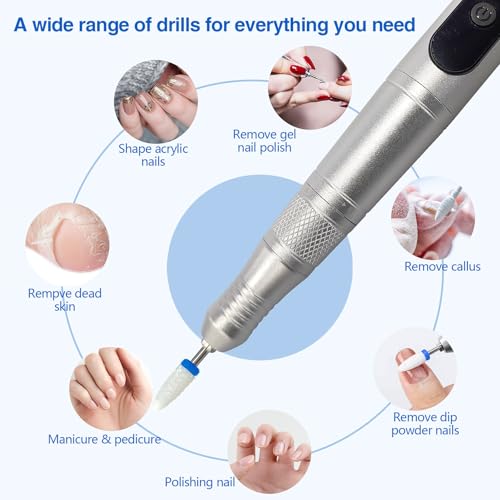 Cordless Nail Drill Set, Rechargeable & Adjustable Speeds Nail Drill Machine, Portable Nail File for Acrylic Gel Dip Powder Nails, Manicure Pedicure Tools Polishing Set for Beginner Silver